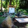 Stone patio with double waterfalls and Arch for outdoor elopement or small wedding ceremony